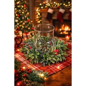 Glass Hurricane Candle Holder with Faux Greenery Ring, 6" Tall Table Decor